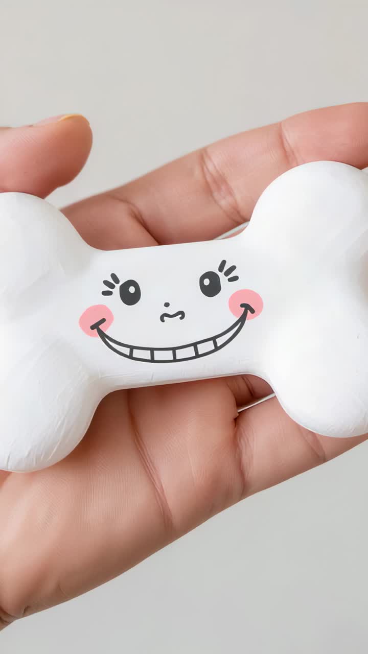 Vertical video: Reaching right hand presenting white bone squishy toy in room, showing smiling face