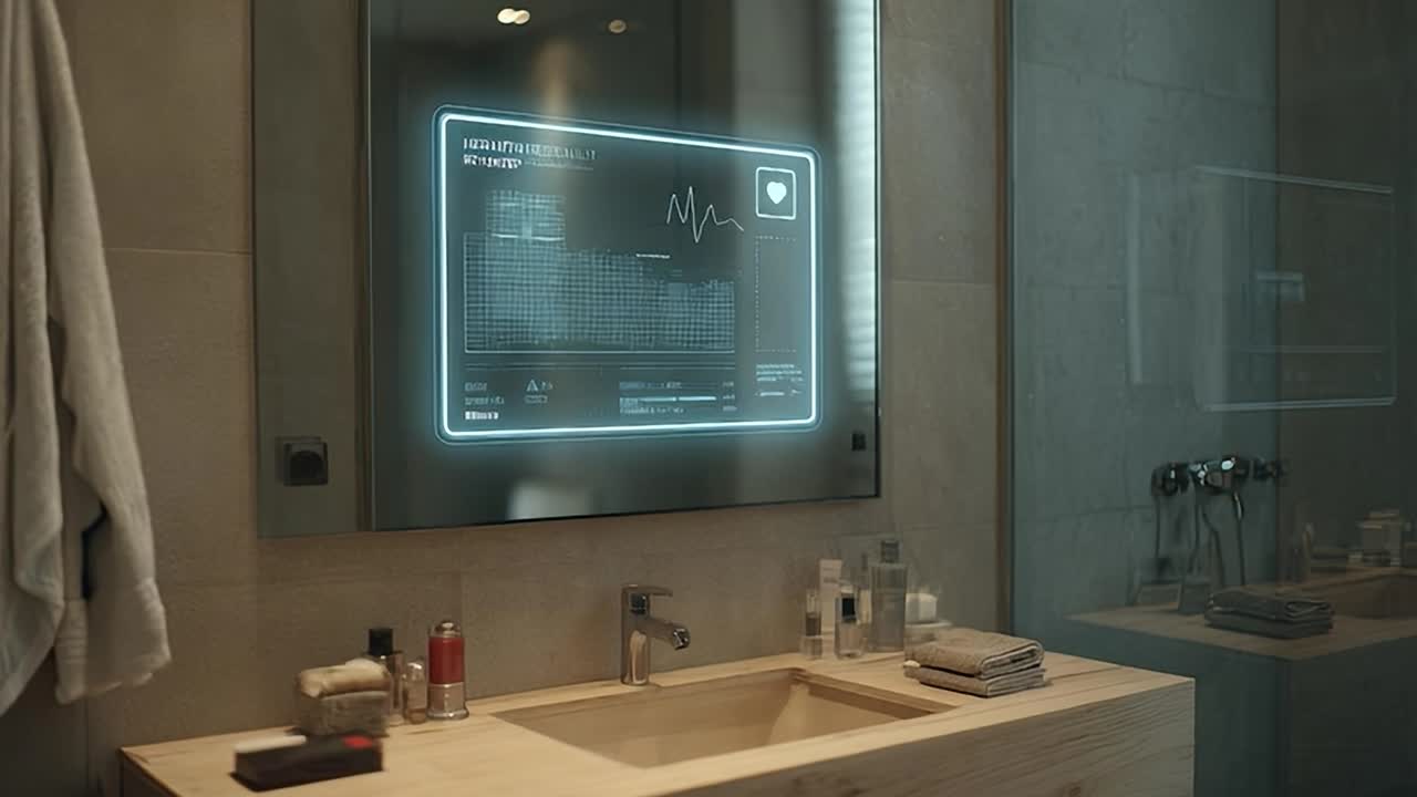 Display smart in bagno che mostra dati sanitari e informazioni personali