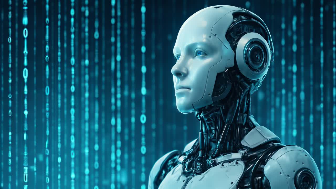 Futuristic robot in profile view against a digital matrix backdrop