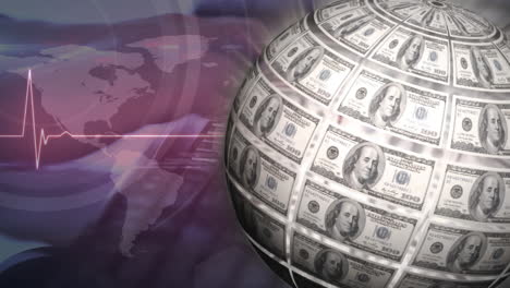 animation of globe formed with american dollar banknotes and data processing