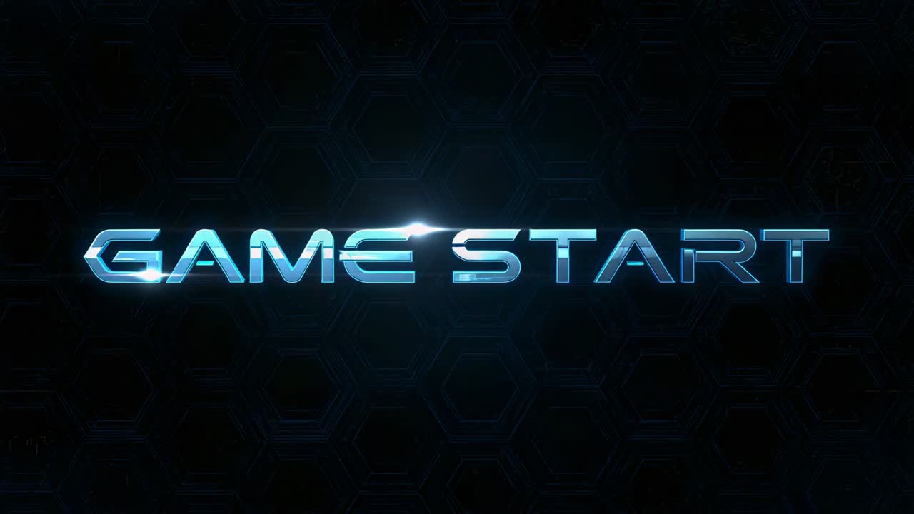Fading metallic blue GAME START text glowing on dark hexagonal grid with white blue flare