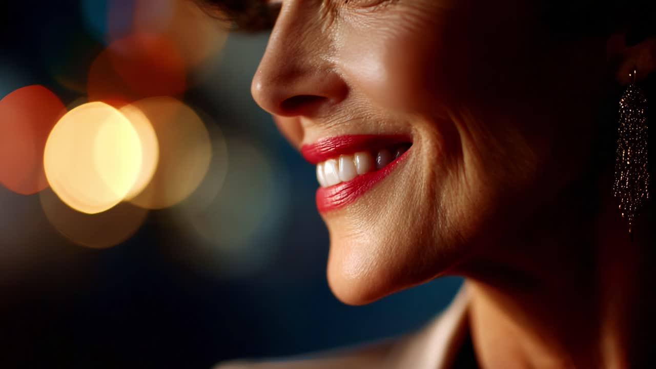Capturing Radiance: A Close-Up View of a Woman's Joyful Smile Illuminated by Glowing Lights, Showcasing Beauty and Elegance in Every Subtle Detail