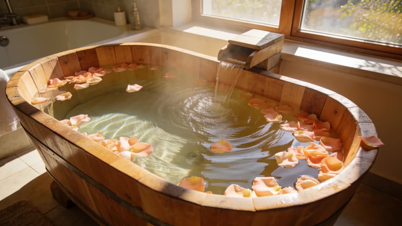 Video verticale: Beccuccio che riempie una vasca da bagno in legno sotto una finestra illuminata dal sole, con petali di rosa.