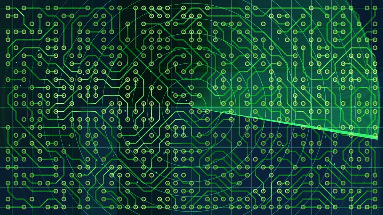 Green circuit board pattern with radar sweep animation, digital technology concept, abstract electronic hardware background, futuristic data scanning, high tech aesthetic