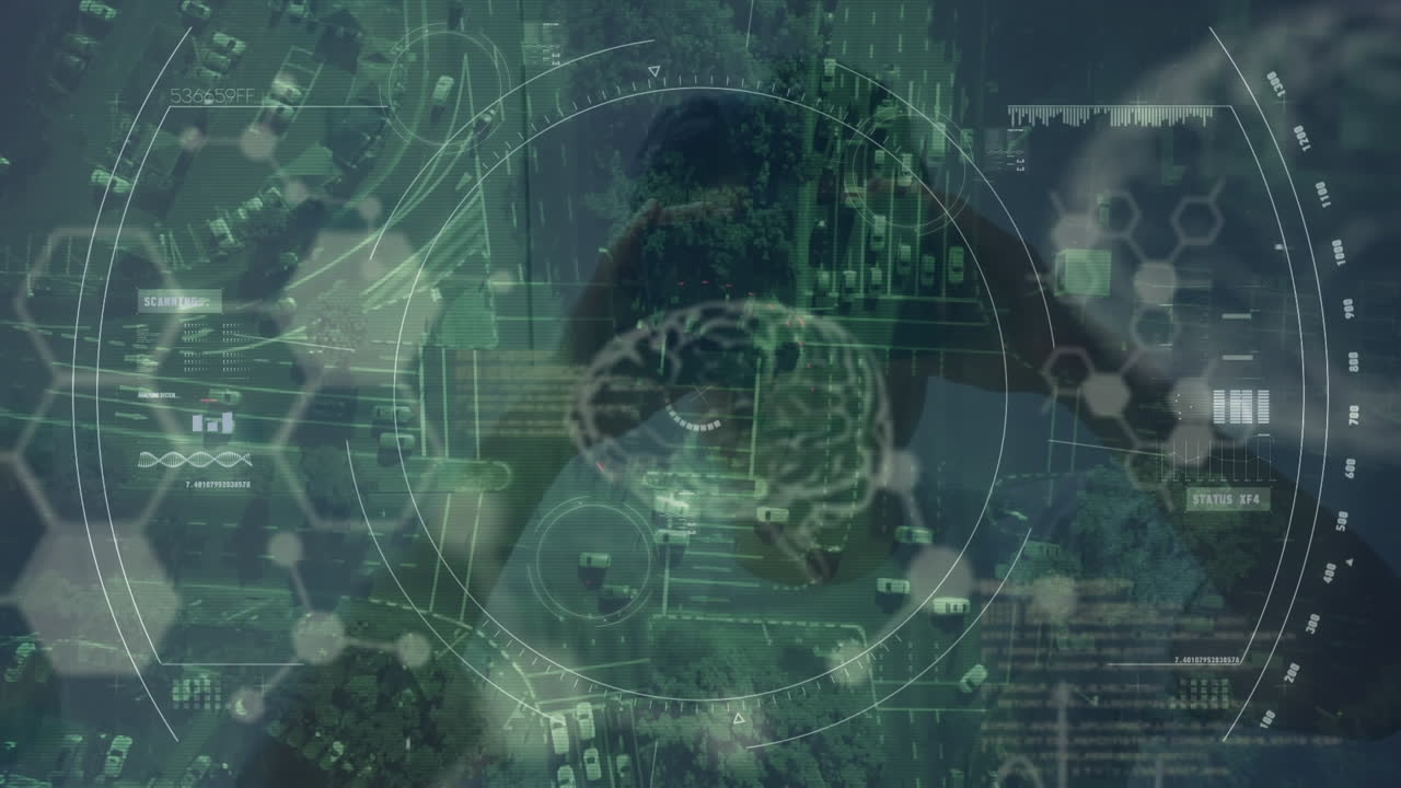 animación del escaneo del alcance y el procesamiento de datos sobre el hombre que usa auriculares vr