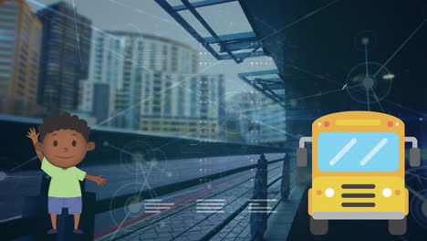 animation of icons and network of connections over cityscape