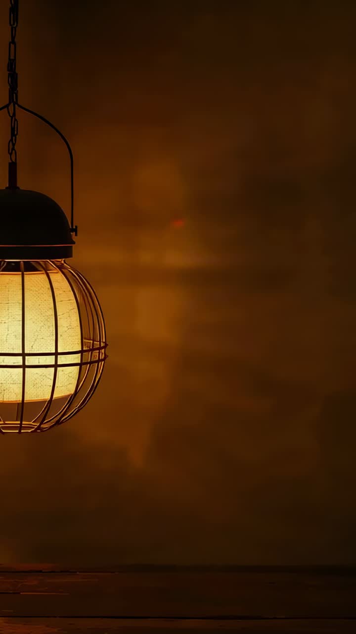 Video verticale: Lampada a sospensione a gabbia che proietta un bagliore caldo su una parete marrone per illuminare il piano del tavolo, con spazio per il testo.