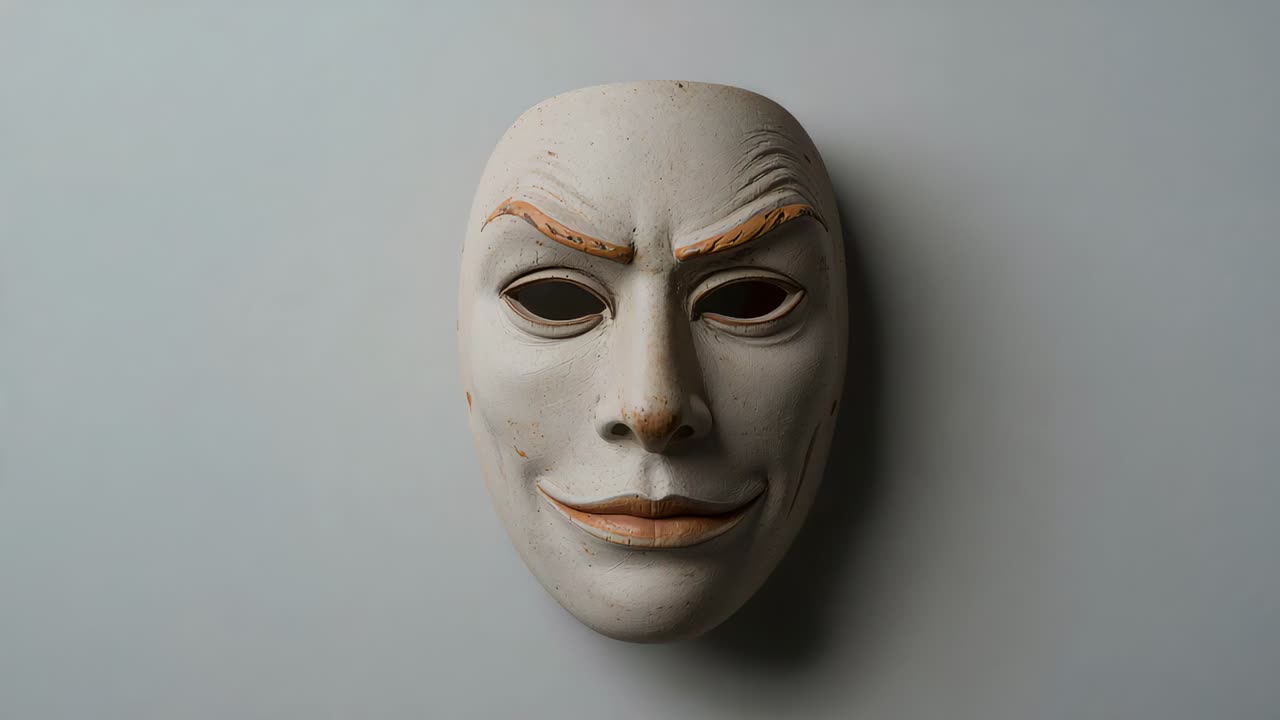 Sweeping light from window opening casting warm beam across wall highlighting painted ceramic mask