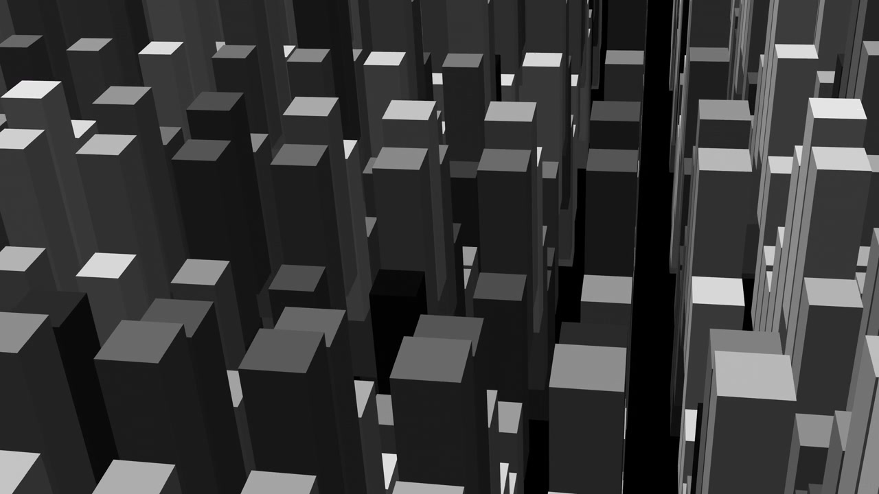 A monochrome procedural skyscraper grid animating to represent urban planning, data architecture, and dense smart city infrastructure.