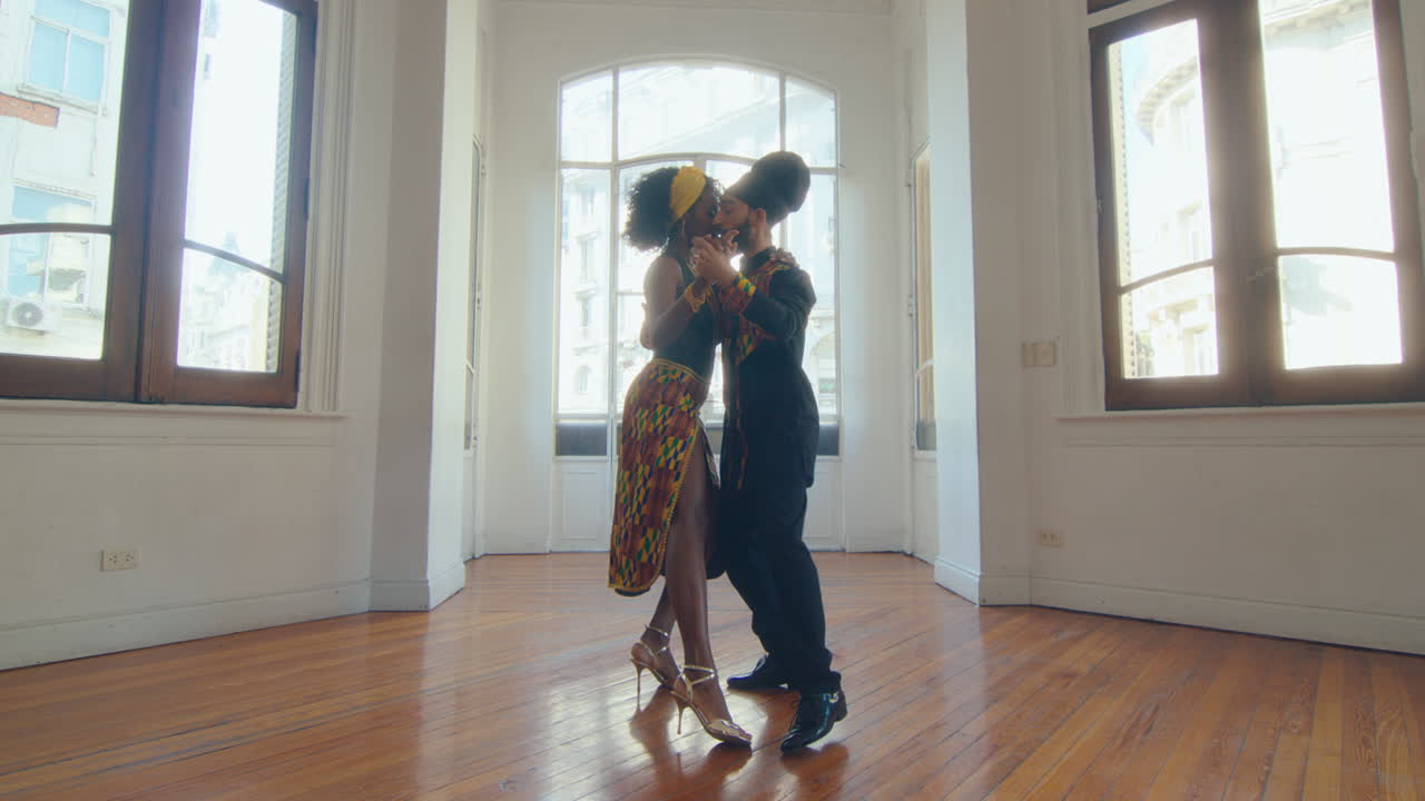 Couple of Performers Dancing Slow Tango in Studio