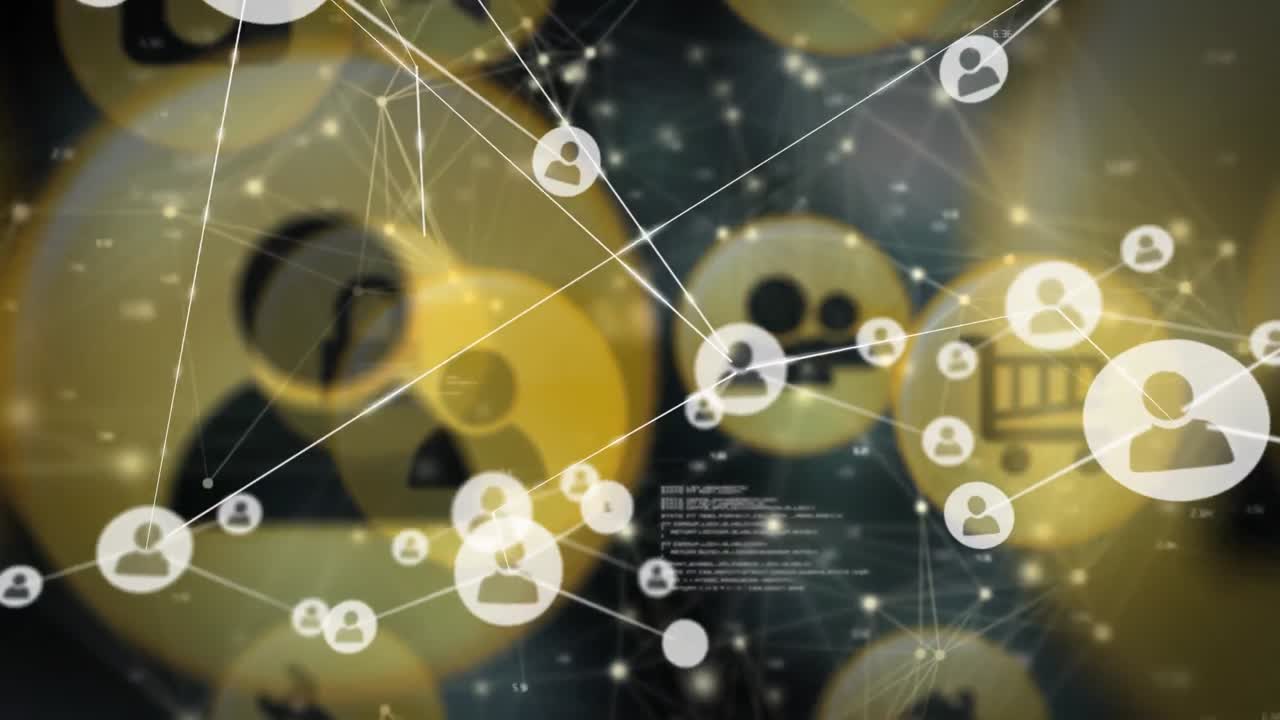 연결된 사람들의 네트워크와 검은색에 대한 정보를 가진 쇼핑 아이콘의 애니메이션