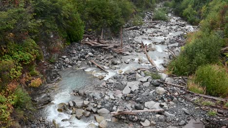 aerial drone shot of a rugged mountain stream with rocky banks and driftwood surrounded by dense green forest