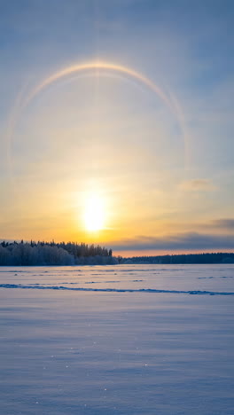 winter sunset with halo over snowy landscape