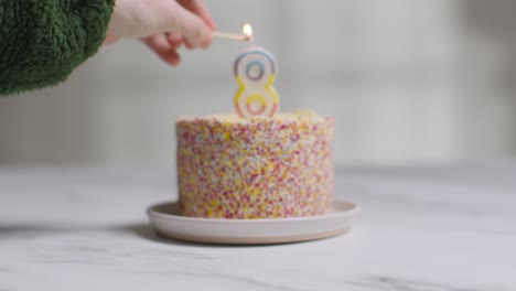 studio shot birthday cake covered with decorations and candle celebrating eighth birthday being lit