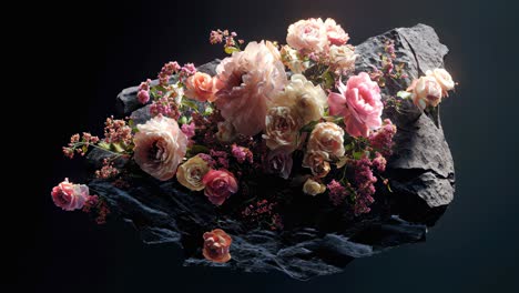 a beautiful floral arrangement displayed on a rock surface showcasing natures artistry