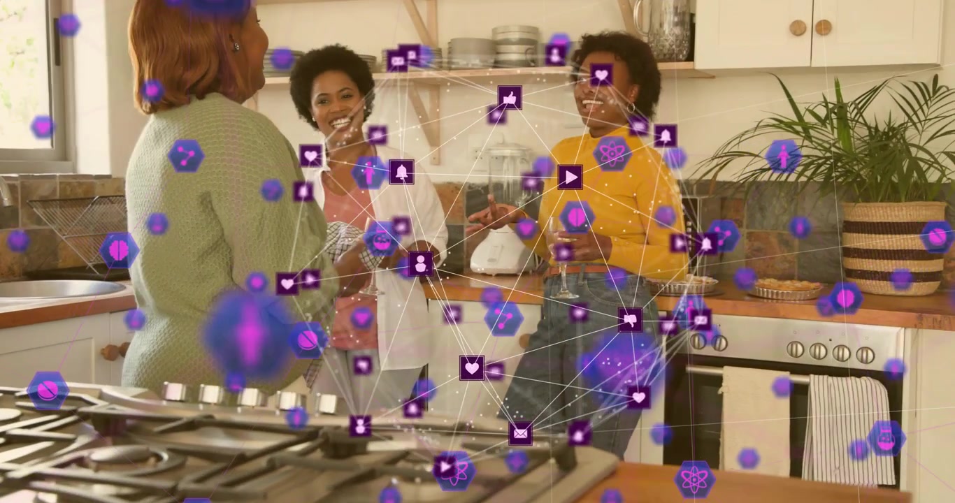Three friends sharing bond in kitchen sparking floating social media icons while pouring drinks