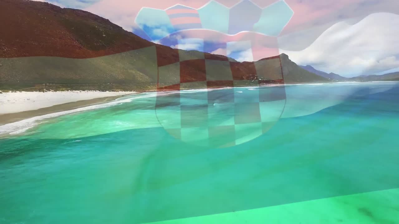 해변과 바다 파도의 공중 전망에 대비하여 크로아티아  ⁇ 발을 흔드는 디지털 구성