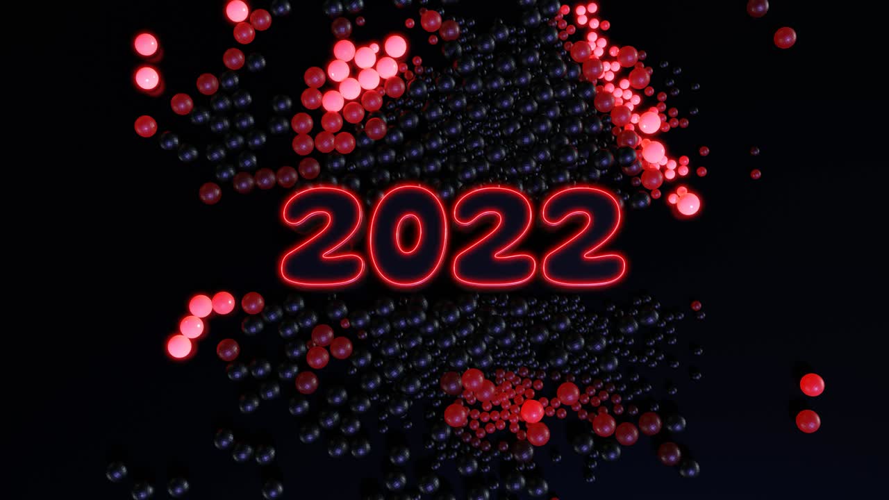 números de año nuevo en bucle 2022 y guirnalda de navidad de bolas o esferas esparcidas en el plano, que se iluminan de rojo y forman un hermoso patrón. composición de navidad 4k con luz de neón