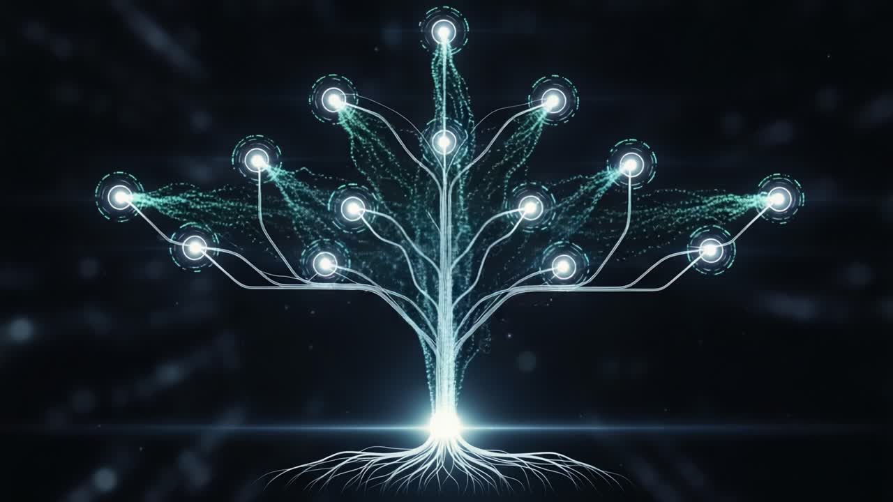 A digital representation of a tree structure adorned with glowing nodes, symbolizing connection, growth, and the intertwining of technology and nature in a futuristic setting