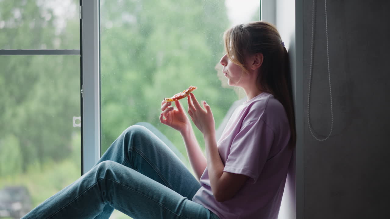 Side view of young woman sitting comfortably on window ledge wearing jeans and purple polo shirt eating fries with plate under while enjoying peaceful moment against blurred outdoor background