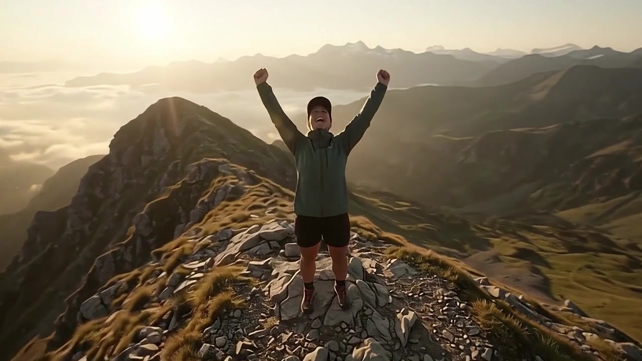 Hiker Celebrating Success on Mountain Peak at Sunrise