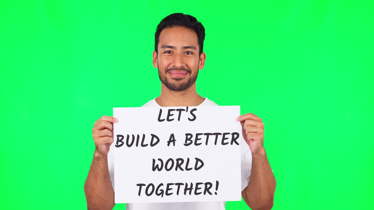 남자, 얼굴과 녹색 화면에 의해 보드와 항의