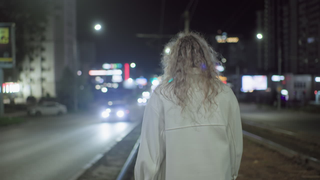 Rear view of tired woman in white coat walking slowly along rail track at night while car with headlights passes on city street surrounded by glowing signs and blurred urban buildings