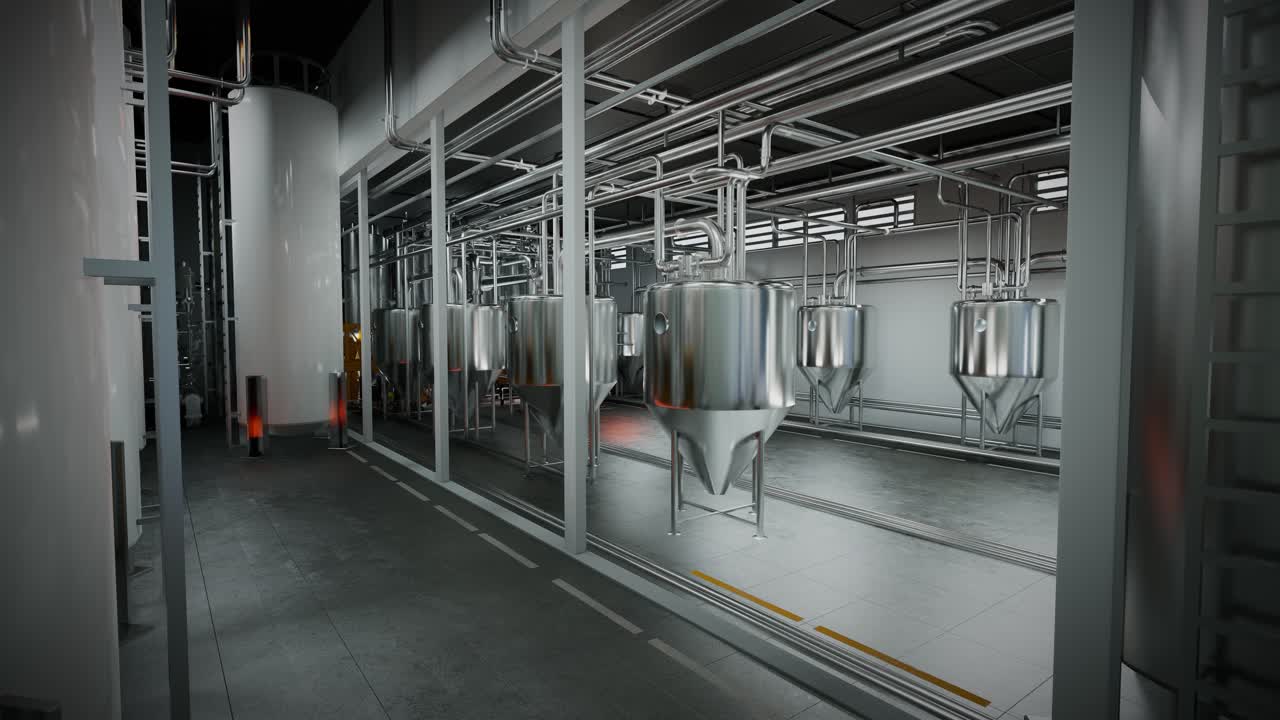 Large Steel Fermentation Tanks In Spacious Hall At Modern Alcohol Production Factory