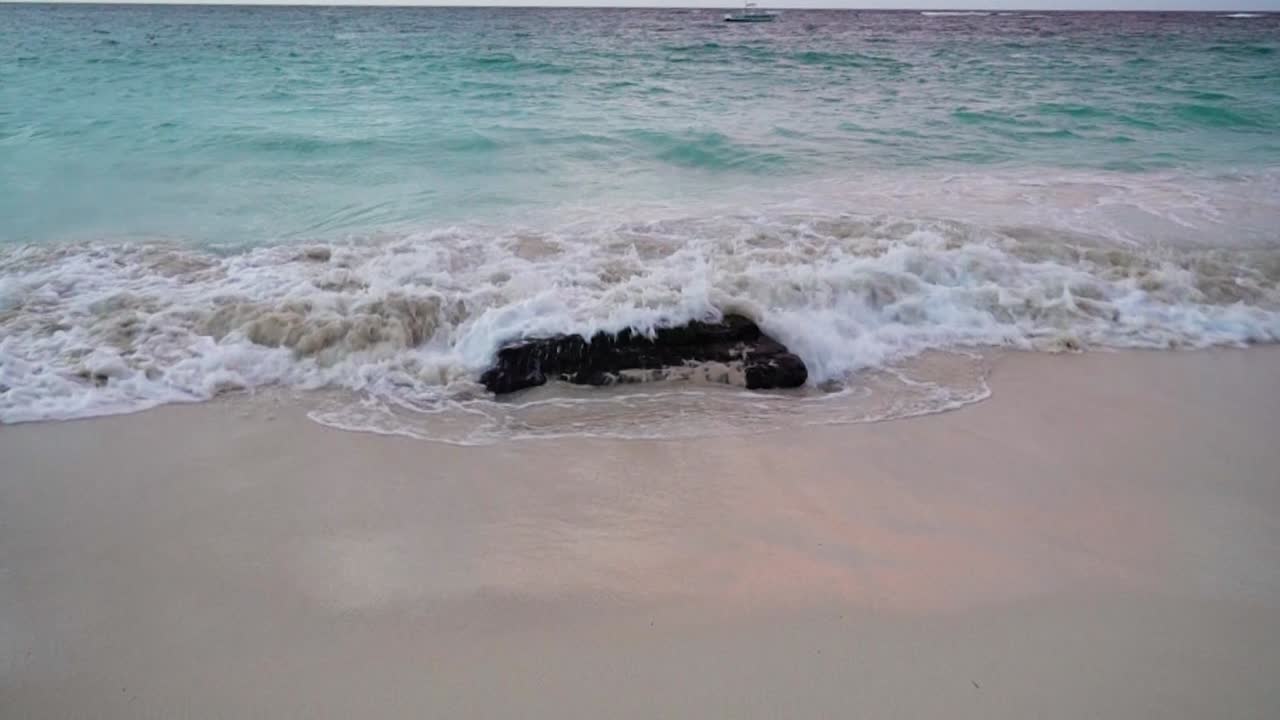 Slow move from the sand and white waves to the amazing magenta sky during sunset at Caribbean Island. The Waves  wash out the stone in the middle of the seashore.