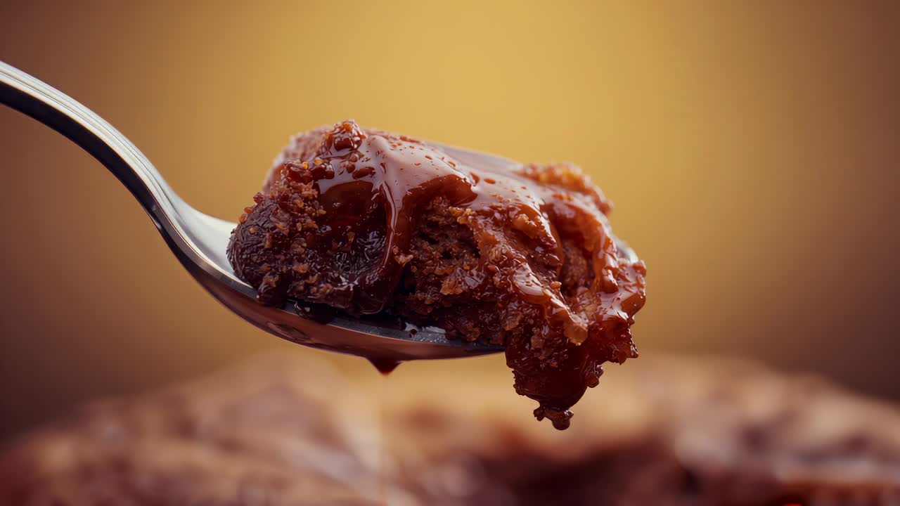 Entering metal spoon holding molten chocolate cake rising in studio, with sauce droplet falling