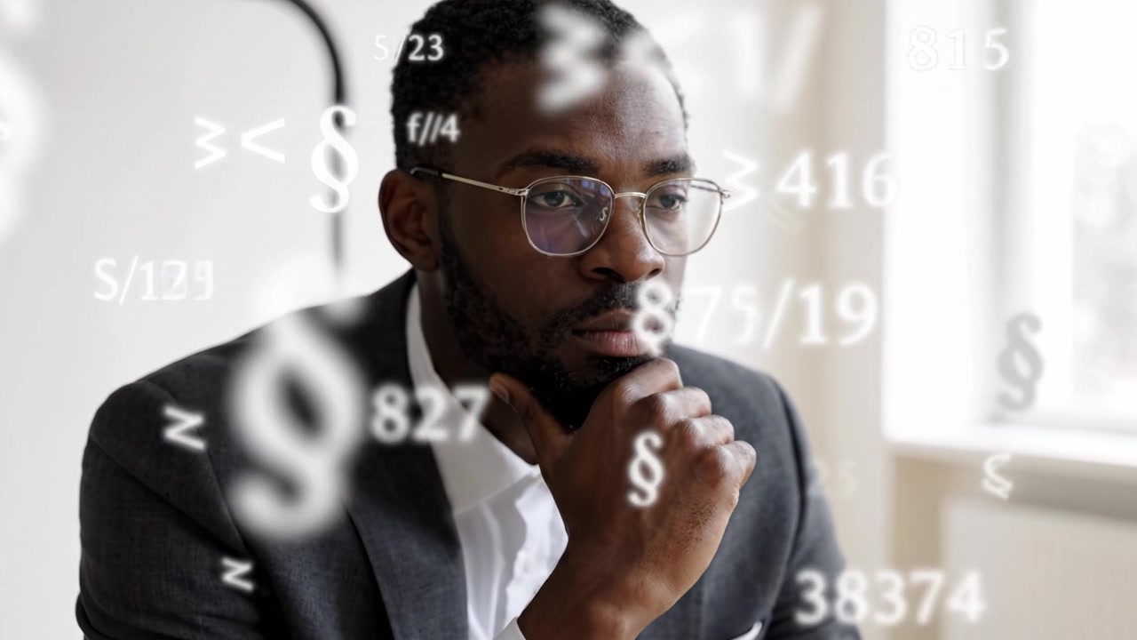 A Thoughtful Business Professional Analyzing Complex Ideas Surrounded by Abstract Mathematical Symbols in a Contemporary Office Setting