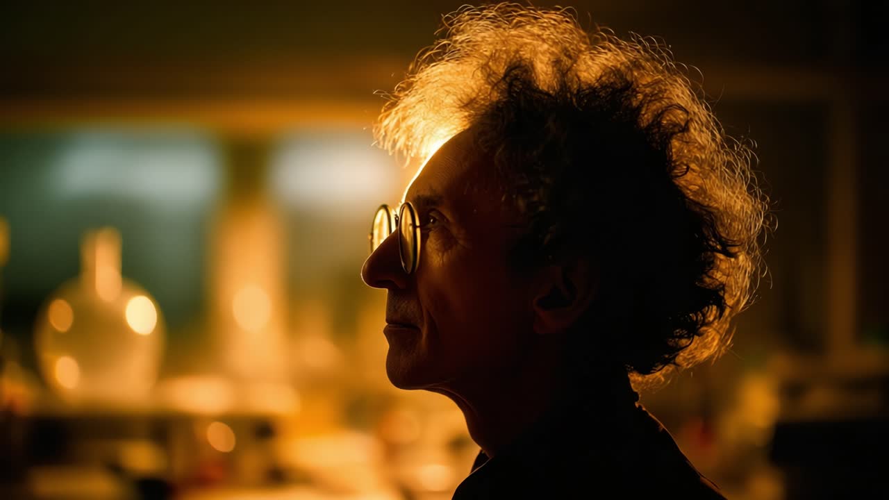 A contemplative figure with wild hair and glasses, illuminated by warm light, evokes a sense of curiosity and introspection in a richly textured environment