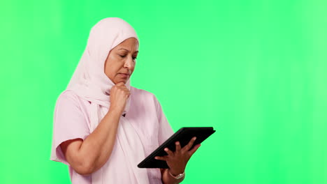 Tablet,-nurse-thinking-and-green-screen-isolated