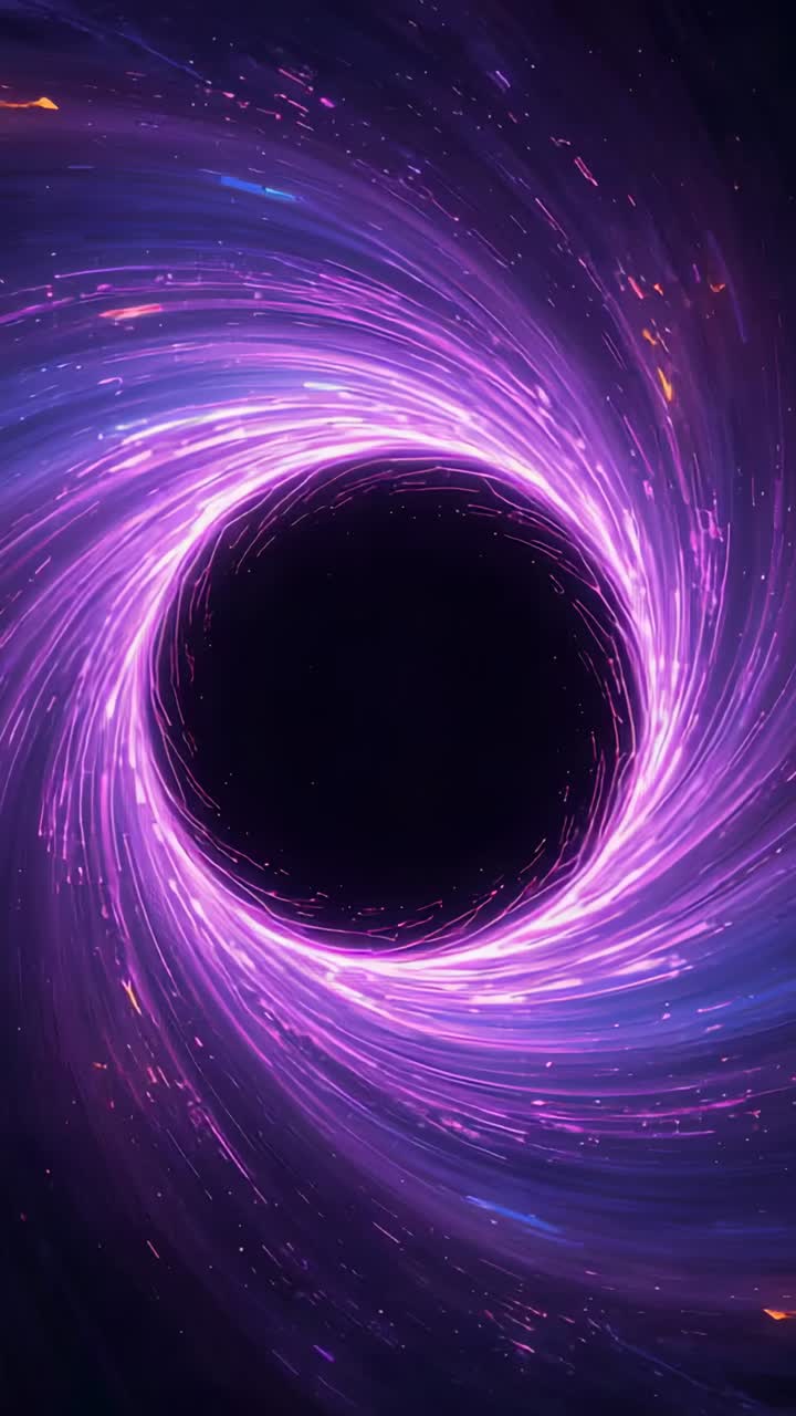 Vertical video: On play, dark void rotating in space, drawing purple streaks inward, orange sparks