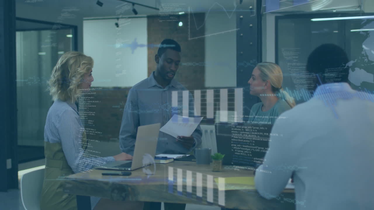 Animation of financial data processing over diverse business people in office