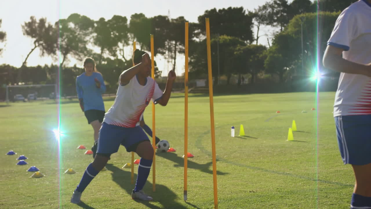 Practicing agility drills, soccer players on sunny outdoor field in animation