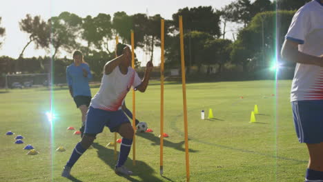 practicing agility drills, soccer players on sunny outdoor field in animation