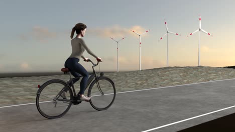 young woman. electric bicycle. wind turbines.