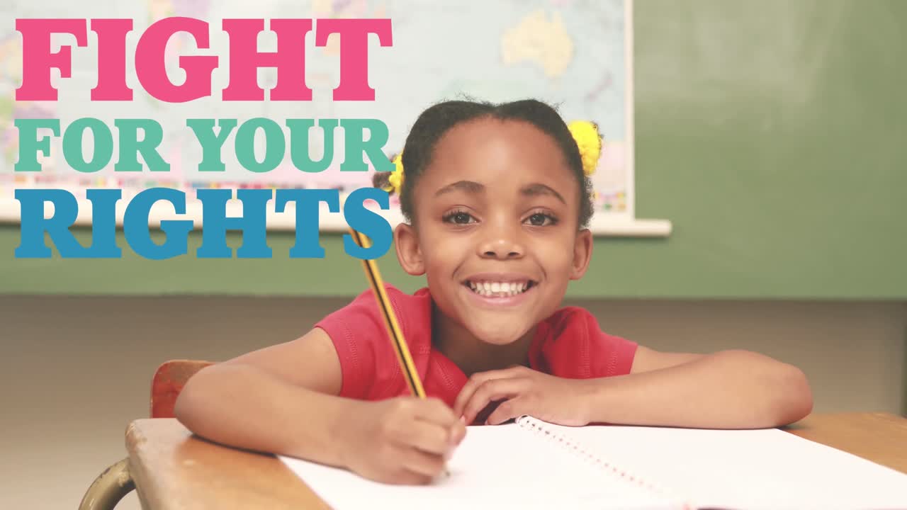 Animation of fights your rights over school girl in classroom