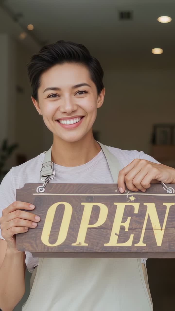 Vertical video: Framing widening revealing owner holding OPEN sign at shop announcing open in apron