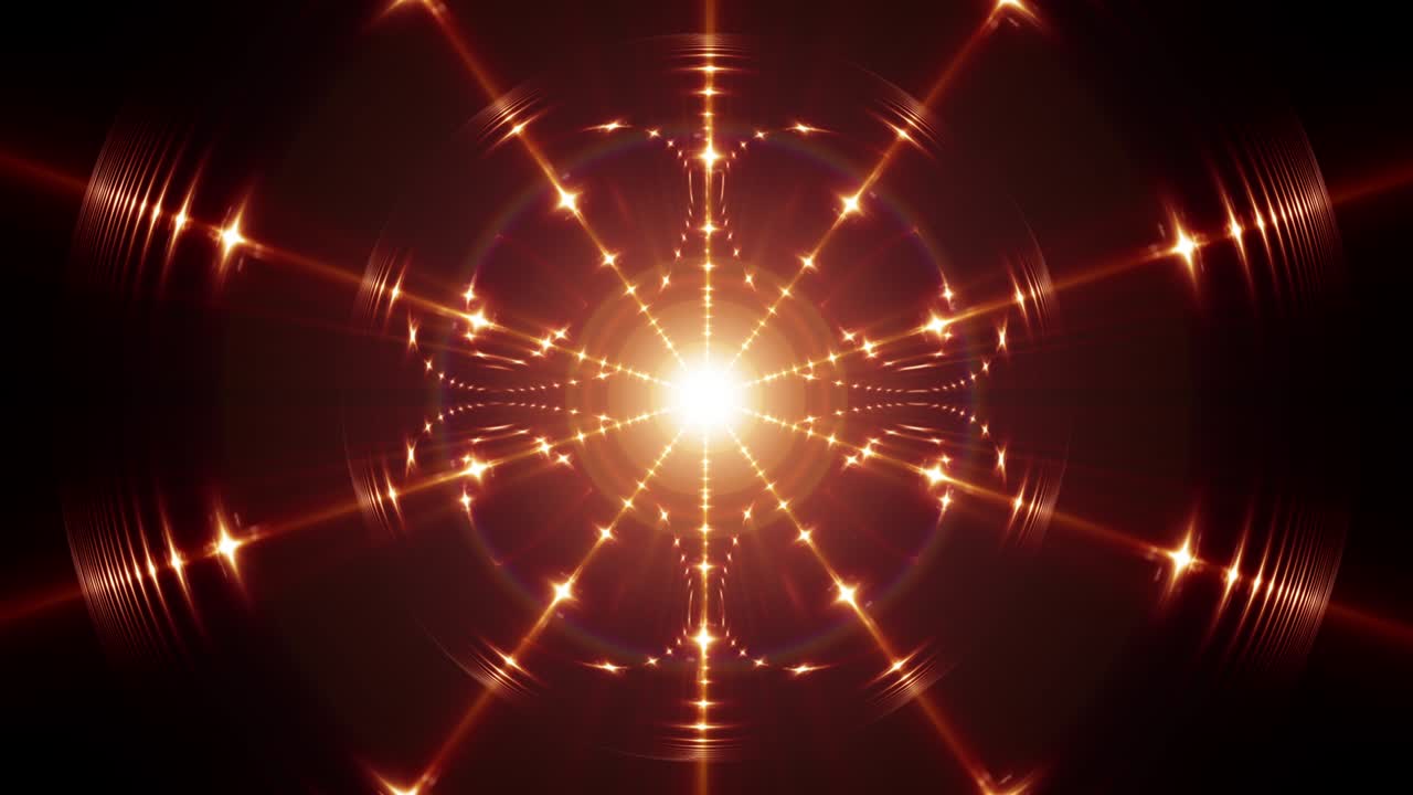 4k 추상 애니메이션 미래의 사이버 공간 배경 회전 빛나는 반이는 원 대칭 별 빛 광선, 금색 색조.