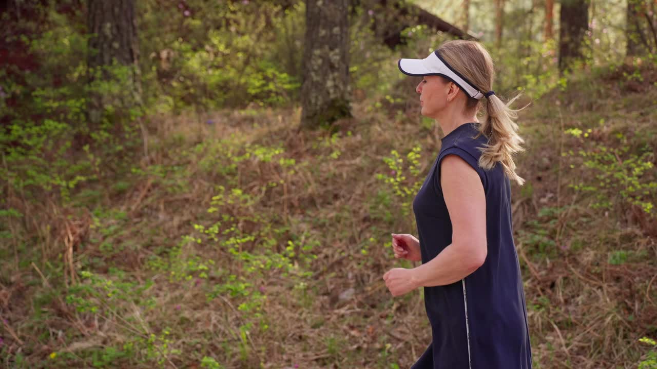 Una donna corre attraverso una foresta con la luce del sole che filtra tra gli alberi. Indossa abbigliamento sportivo e una visiera per protezione. La sua espressione concentrata mostra determinazione ed energia.