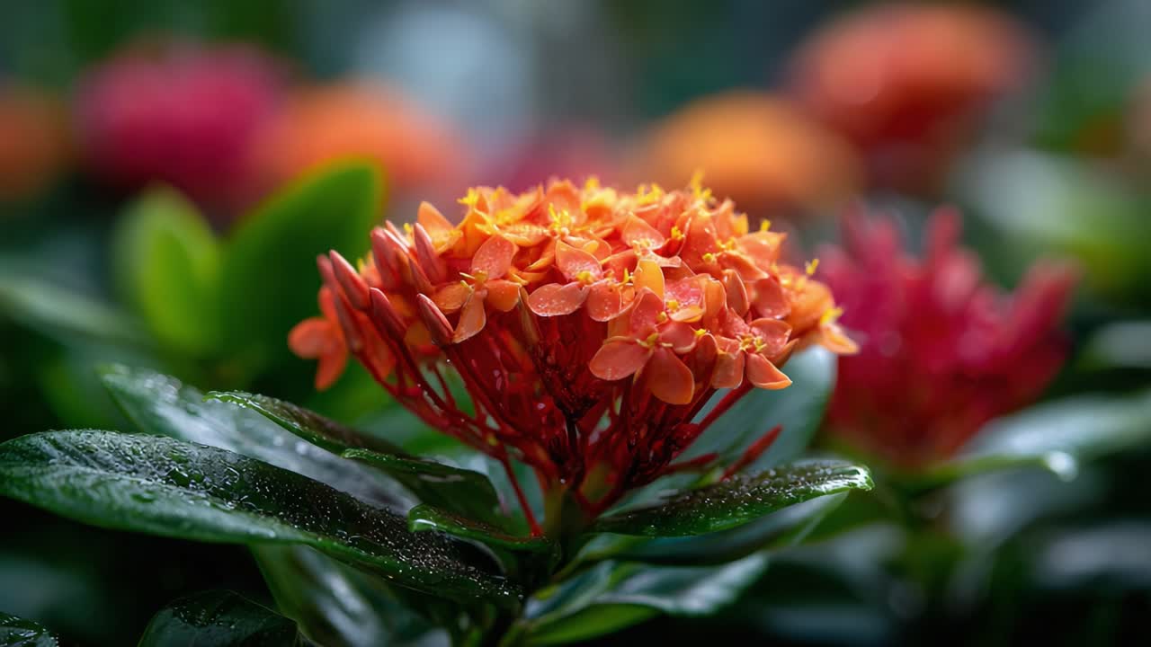 A vibrant display of blooming flowers featuring striking orange clusters among lush green foliage, showcasing the beauty of nature in detail and color variation