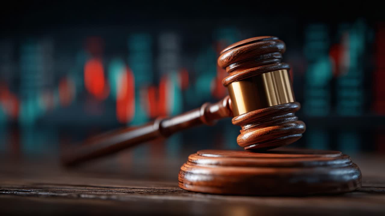 A Close-Up of a Judicial Gavel on a Desk with a Background of Financial Charts, Symbolizing Justice, Law, and Economic Decisions
