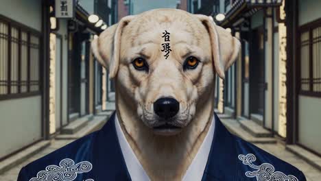 dog in kimono with symbol