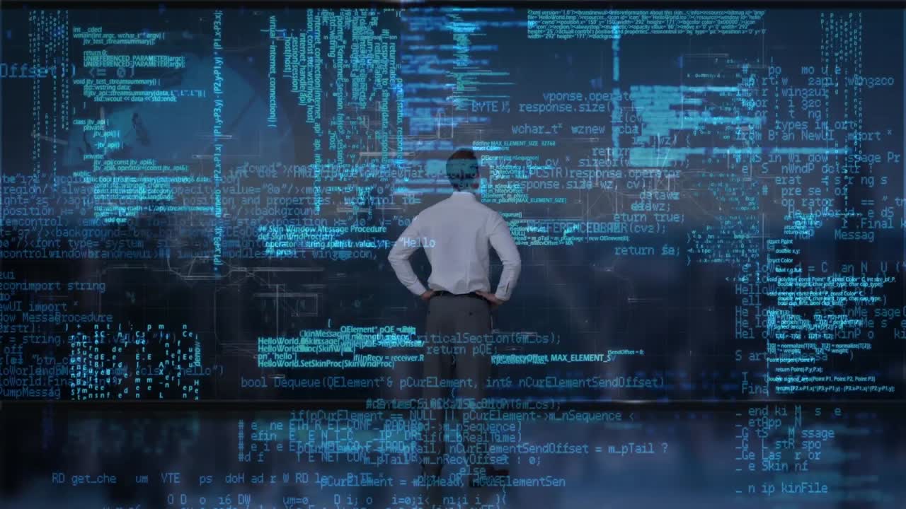 미래의 스크린을 보는 사업가