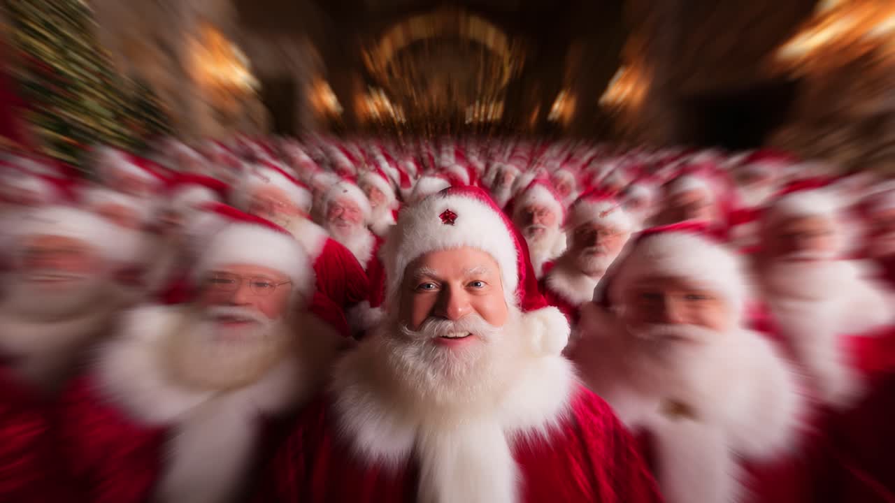A mesmerizing gathering of festive figures in red and white, featuring an elegant sea of jolly Santa Clauses creating a vivid holiday atmosphere filled with cheer, joy, and the spirit of Christmas celebrations