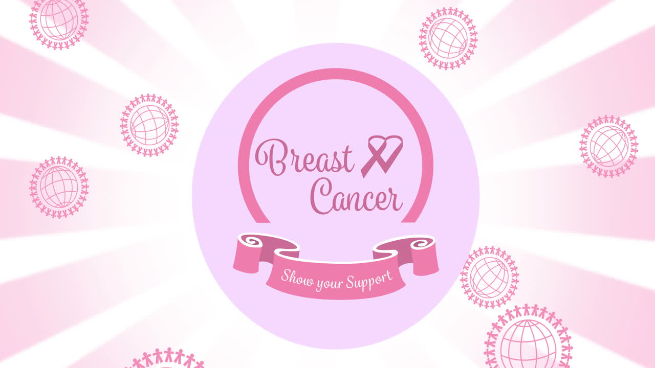 ⁇ 색 배경에 유방암 텍스트 위에 여러 개의 분홍색 지구 로고의 애니메이션