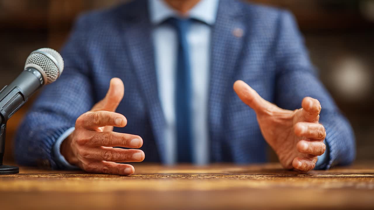 Engaging Speaker Gestures: A Close-Up of a Presenter with Open Hands at a Microphone, Conveying Confidence and Authority in a Professional Setting
