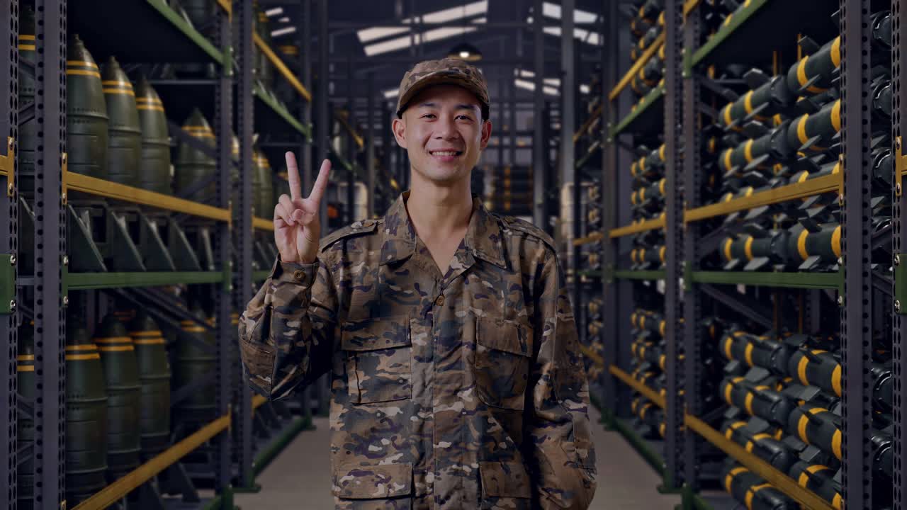 Soldato asiatico sorridente che mostra il segno della pace alla fotocamera mentre si trova in un magazzino di munizioni militari